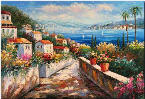 Mediterranean oil painting,Mediterranean Riviera Villas