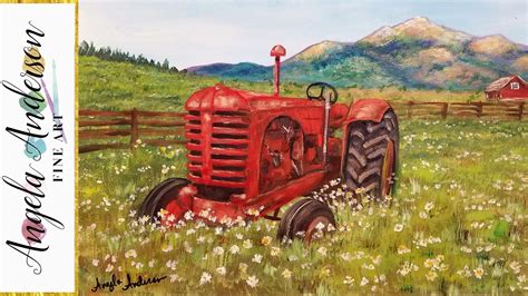 Acrylic Painting Tutorial: Rustic Country Tractor Landscape LIVE Step by Step Lesson - YouTube