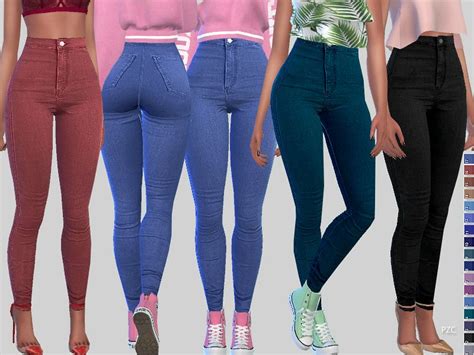 four different colored jeans are shown in this image