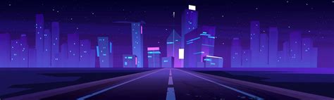 Road to night city, empty highway and glow skyline 13834213 Vector Art at Vecteezy