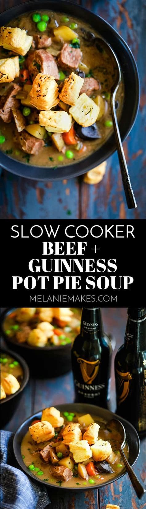 Slow Cooker Beef and Guinness Pot Pie Soup with Thyme Puff Pastry Croutons - Melanie Makes