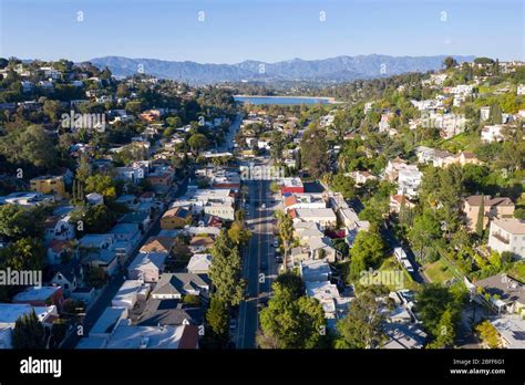 Aerial view above the trendy Silver Lake neighborhood in Los Angeles ...