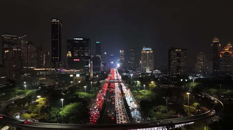 Semanggi, Jakarta, 2023 - Aerial drone view revealing Jakarta Night with city building sky ...