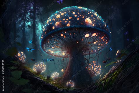 Fairy mushroom. Mushroom in the fairy forest. Fantasy mushroom in the dark forest, 3d render ...