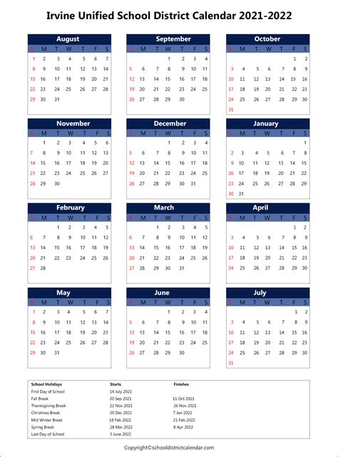 Irvine Unified School District Calendar Holidays 2021-2022