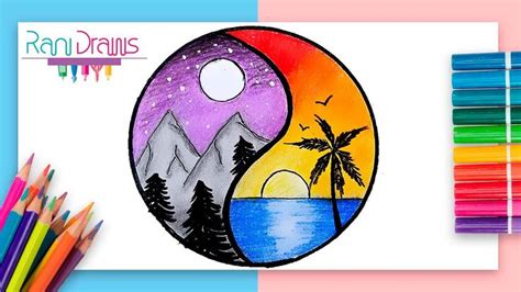 Cómo dibujar un PAISAJE DÍA Y NOCHE con lápices de colores - ideas de dibujos fáciles | Paisajes ...