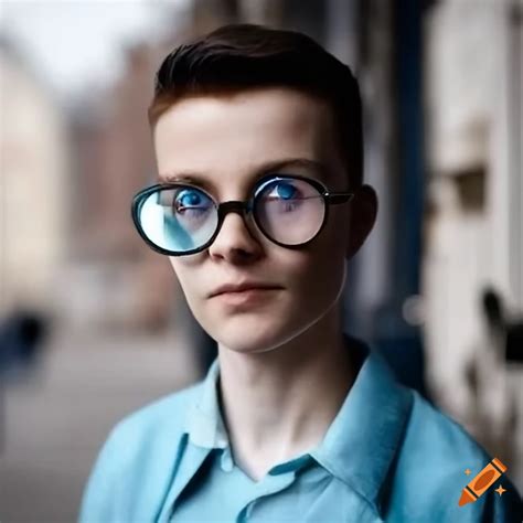 Portrait of a young european man with wild brown hair and wooden glasses on Craiyon
