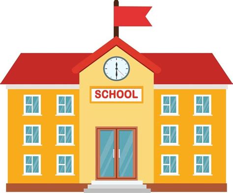 a school building with a clock on the top and an arrow pointing to the right