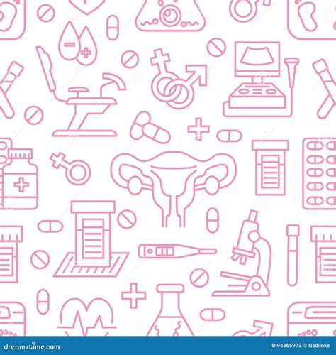 Medical Seamless Pattern, Gynecology Vector Background Pink Color. Obstetrics, Pregnancy Line ...