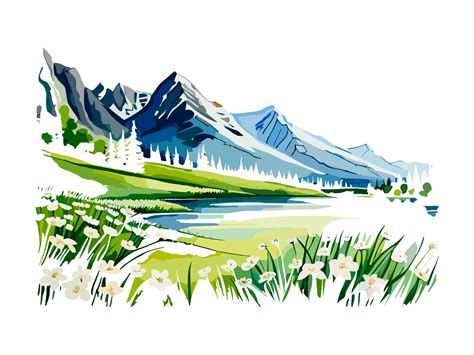 Watercolor landscape with mountains, white flowers, and trees 26822191 PNG