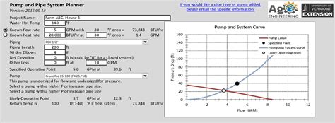 Pump and Pipe Pressure Calculator – user input screenshot – UVM Extension Ag Engineering