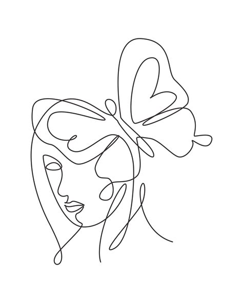 One single line drawing woman with butterfly line art vector illustration. Female abstract face ...