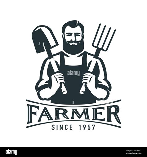 Farmer holding shovel and pitchfork, black emblem vector. Agriculture, farm, growing organic ...