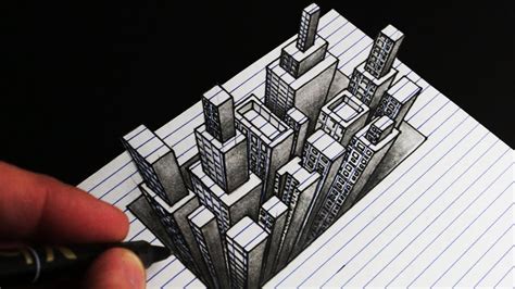 How to Draw a 3d City: Line Paper Anamorphic Drawing - YouTube