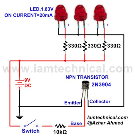 NPN Transistor With Three LED's as a Switch | IamTechnical.com | Transistors, Electronics basics ...