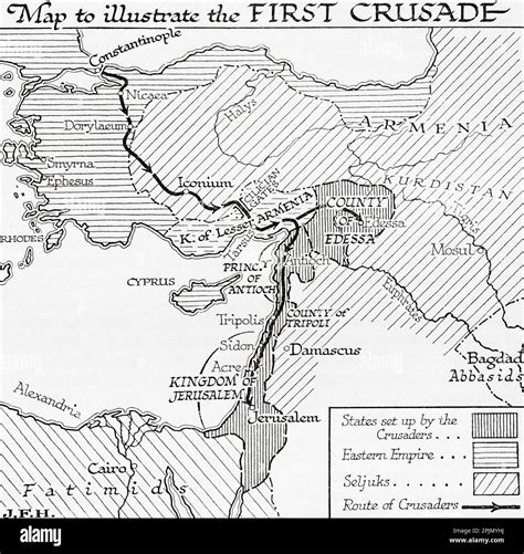 Map illustrating the route of the crusaders during the First Crusade, 11th century. From the ...