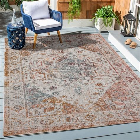 LR Home Antiquity 5x7 Medallion Distressed Rust / Blue Persian Indoor / Outdoor Area Rug ...