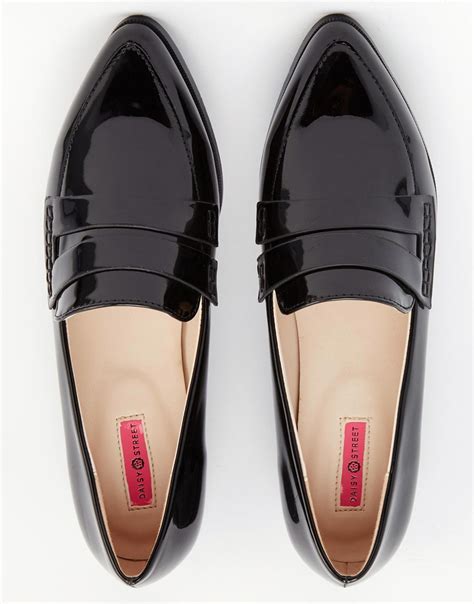 Daisy street Patent Pointed Toe Loafer Flat Shoes in Black | Lyst