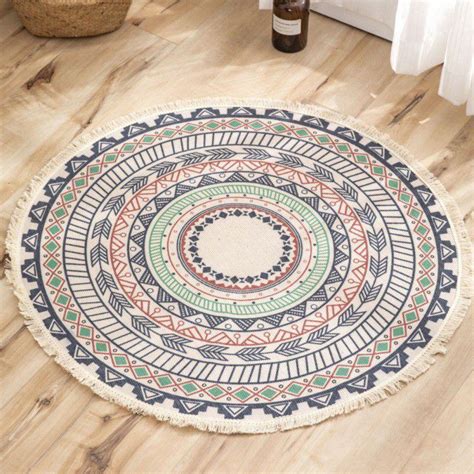 3 Ft Cotton Rugs Round Washable Chic Bohemian Mandala Hand Woven Round Rugs with Tassels Indoor ...