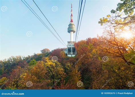 Namsan N Seoul Tower with the Line of Cable Car at the Sunset Ti Stock ...