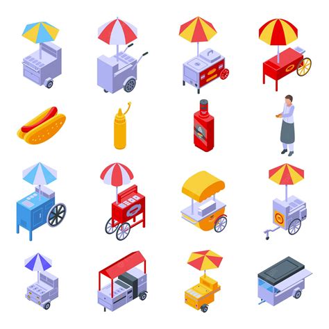 Premium Vector | Hot dog cart set. isometric set of hot dog cart for web design isolated on ...