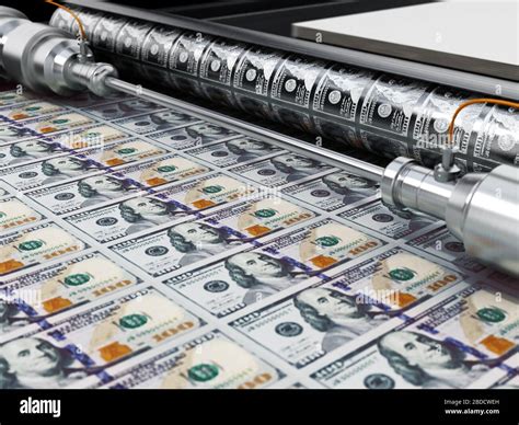 Money printing machine printing 100 dollar banknotes. 3D illustration ...