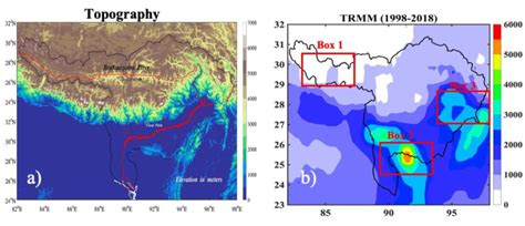 a) Brahmaputra River Basin. The black line represents approximate basin ...