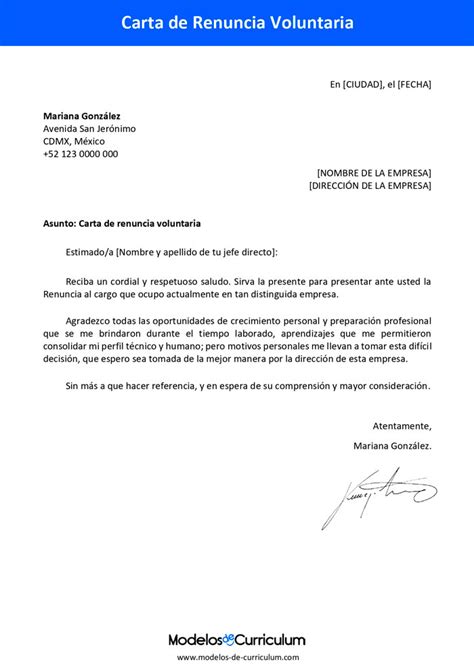 Ejemplo De Una Carta De Renuncia