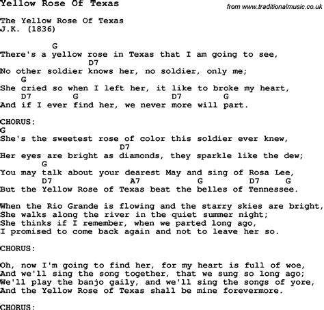 Traditional Song Yellow Rose Of Texas with Chords, Tabs and Lyrics