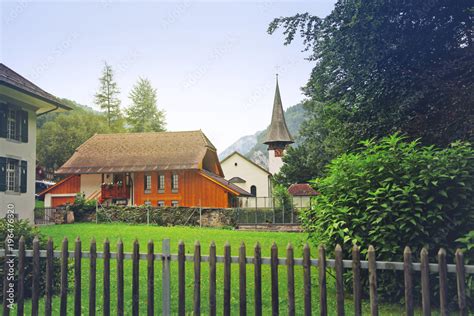 Ancient historical church in an alpine village in Switzerland, a ...