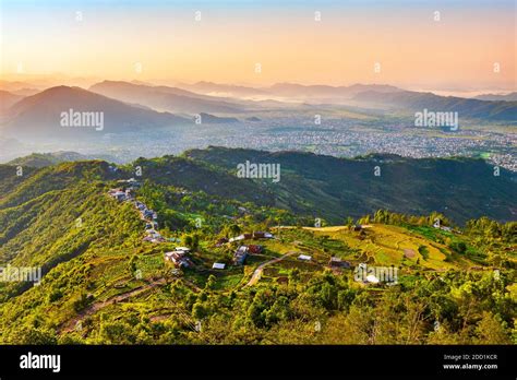 Himalaya hills aerial panoramic view from Sarangkot hill viewpoint in Pokhara city in Nepal at ...