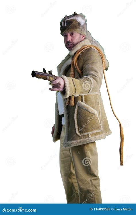 Mountain Man, Coonskin Hat, Flintlock Pistol, Sheepskin Coat. Stock Photo - Image of colt ...