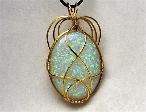 Wire Wrapped Opal Pendant 14kt Yellow Gold Filled Unique Handmade Synthetic Opal Gemstone ...