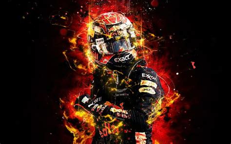 a person in a racing suit and helmet with flames around them on a black ...