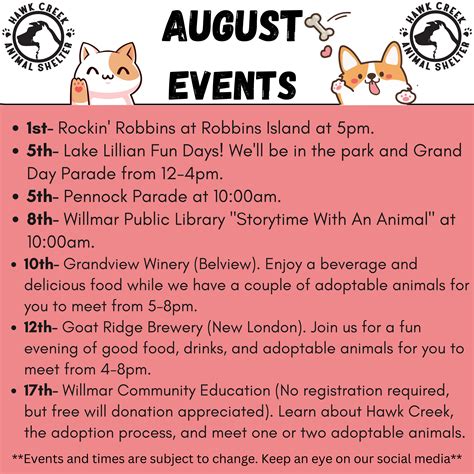 Hawk Creek Animal Shelter- August Events - Willmar Lakes Area : Willmar ...