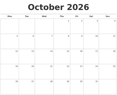 October 2026 Blank Monthly Calendar