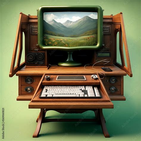 a retro futuristic arts and crafts style desktop computer with a monitor and a keyboard created ...