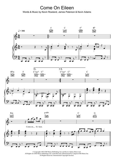 Come On Eileen by Dexy's Midnight Runners Sheet Music for Piano, Vocal ...