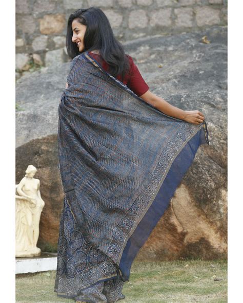 Indigo chanderi cotton sari by Desi Doree | The Secret Label