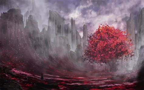 Red leafed tree painting, trees, red, fantasy art, landscape HD ...