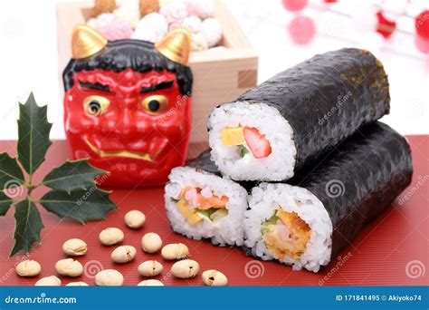 Japanese Setsubun Event, Masks of Demon and Sushi Stock Image - Image ...