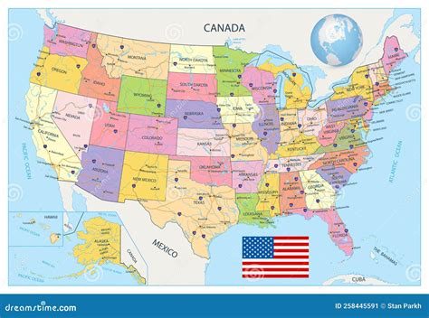 Detailed Administrative Map of USA with Cities, Towns and Roads Stock Vector - Illustration of ...