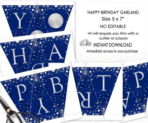 Happy Birthday Banner Blue Silver Birthday Bunting Printable | Etsy