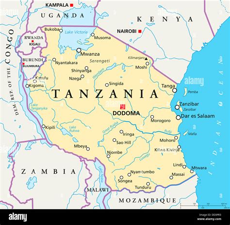 Political map of Tanzania with capital Dodoma, national borders Stock Photo: 59705383 - Alamy