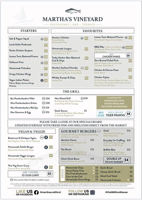 Menu at Martha’s Vineyard restaurant, Milford Haven