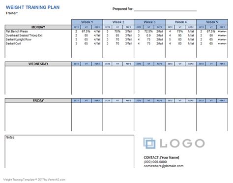 Weight Training Plan Template for Excel