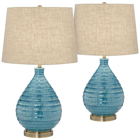 360 Lighting Modern Table Lamps Set of 2 Coastal Ceramic Sky Blue Glaze Linen Fabric Drum Shade ...