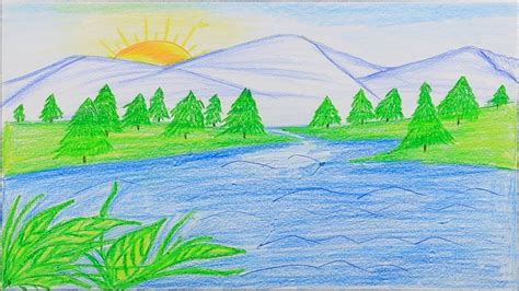 How to draw a beautiful mountain lake step by step (very easy) | Drawings, Easy drawings ...