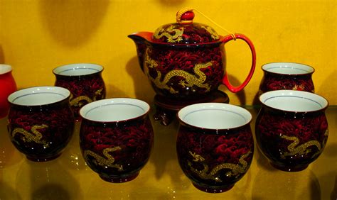 Chinese porcelain china red dragon tea set Jade Buddha Temple 01