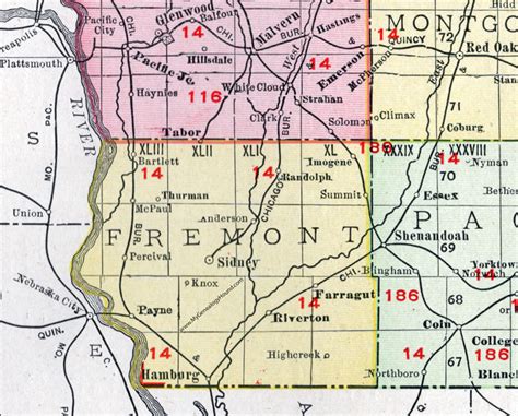 Fremont County, Iowa, 1911, Map, Sidney, Hamburg, Riverton, Farragut